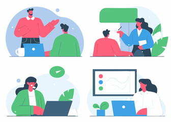 man and woman business and work meetings with results and graphic charts and social media tools