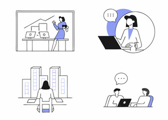 man and woman business and work meetings with results and graphic charts and social media tools