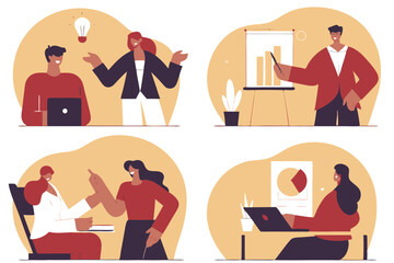 man and woman business and work meetings with results and graphic charts and social media tools