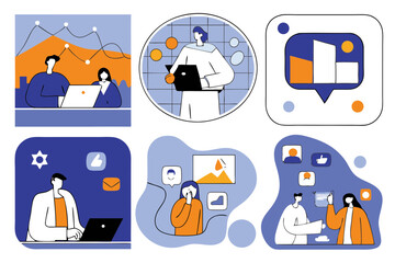 man and woman business and work meetings with results and graphic charts and social media tools