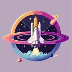 Naklejka premium Stylized vector design of a rocket launching into space with colorful smoke trails, planets, and shooting stars in retro vintage T-shirt style
