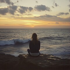 Woman sits on a rock overlooking a sunset ocean