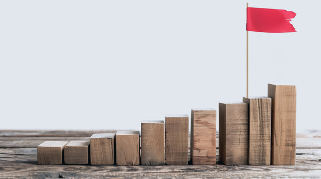 Reaching the Summit: Wooden blocks ascending, culminating in a red flag symbolizing achievement and the successful completion of a challenging journey.