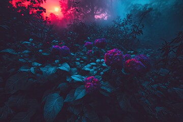 Mystical garden, vibrant flowers in fog