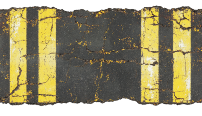 Road marking line with yellow stripes on black asphalt texture isolated on transparent background.
