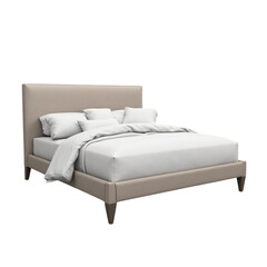 Modern Upholstered Bed with White Bedding and Transparent Background PNG File Isolated