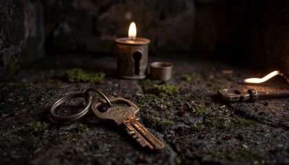 Vintage key on stone floor, mysterious atmosphere, illuminated by candlelight, Halloween theme