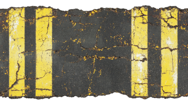 Road marking line with yellow stripes on black asphalt texture isolated on transparent background.
