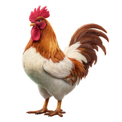 Fototapeta premium A full body shot of a rooster with brown and white feathers standing against a black background