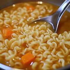 Close-up of instant noodles in broth, with a spoon