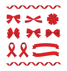 Red ribbons and bows set. Curly, simple, and decorative designs for holidays, gift wrapping, awareness campaigns, and festive graphic elements.