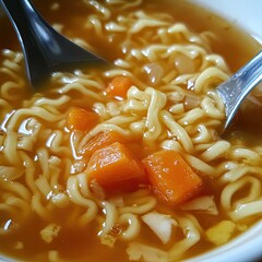 Close-up of instant noodles soup with carrots