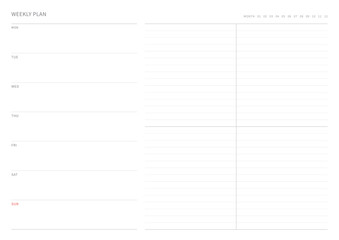 A weekly plan design template in a modern, simple, and minimalist style. Note, scheduler, diary, calendar, planner document template illustration.
