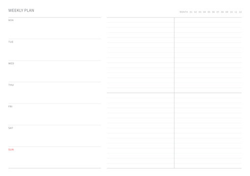 A weekly plan design template in a modern, simple, and minimalist style. Note, scheduler, diary, calendar, planner document template illustration.