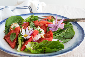 plate of salad with watermelon, lettuce and mozzarella on the table