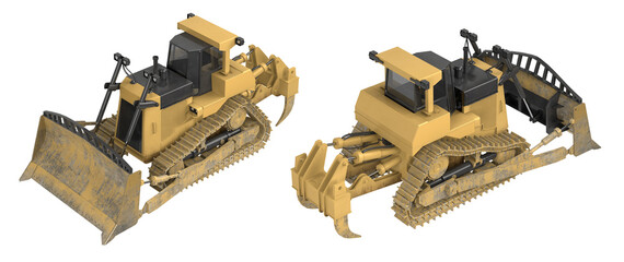 3d rendering of a yellow tracked bulldozer with front blade and rear ripper. Heavy construction vehicle isolated on white background. Industrial machinery model.