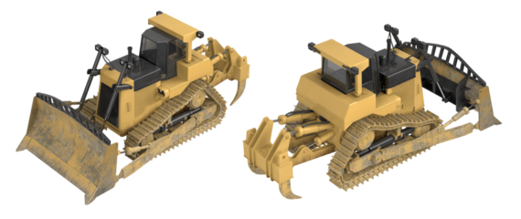 3d rendering of a yellow tracked bulldozer with front blade and rear ripper. Heavy construction vehicle isolated on white background. Industrial machinery model.