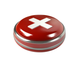 Red button with white cross sign on it over a transparent background.