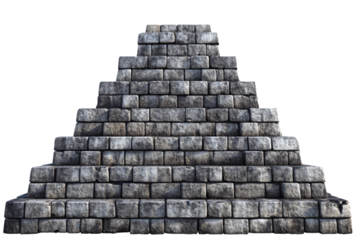 Pyramid made of grey rough stone blocks isolated on transparent background.
