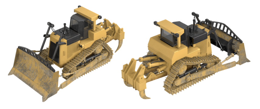 3d rendering of a yellow tracked bulldozer with front blade and rear ripper. Heavy construction vehicle isolated on white background. Industrial machinery model.