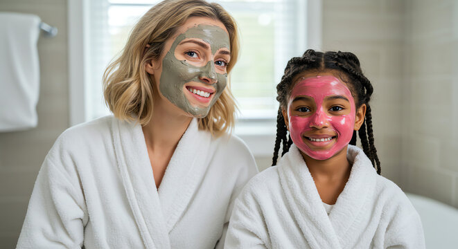 Mother and daughter wearing face masks