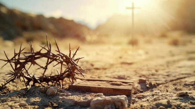 A peaceful dawn reveals a cross in the distance beside a crown of thorns on sandy ground, symbolizing faith and sacrifice in an outdoor setting