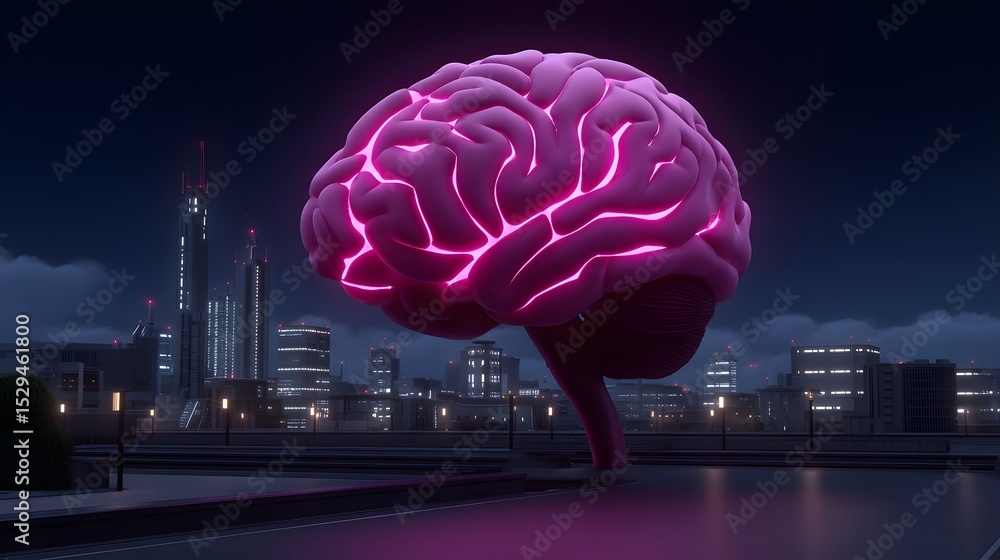 Poster futuristic cityscape envisioned within the structures of a luminescent human brain, symbolizing the 
