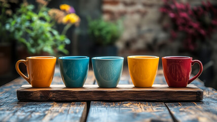 Colorful coffee mugs on wooden board kitchen