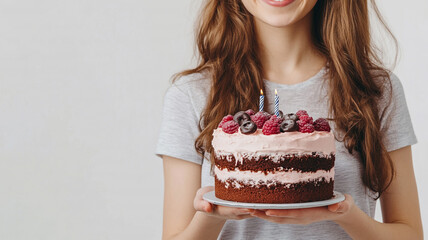 a woman holding a birthday cake isolated on white background