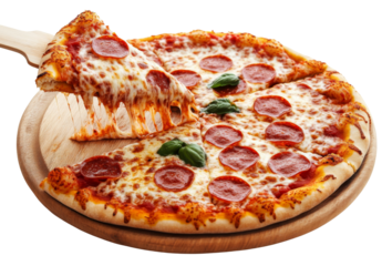 Pepperoni pizza slice being lifted with stringy melted cheese over wooden pizza board