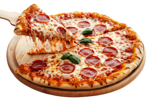 Pepperoni pizza slice being lifted with stringy melted cheese over wooden pizza board