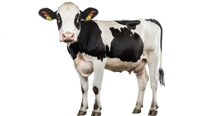 A black and white cow standing isolated on a white background