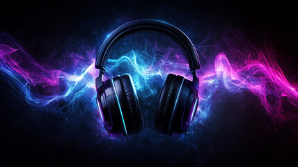 headphones with a glowing blue on black background