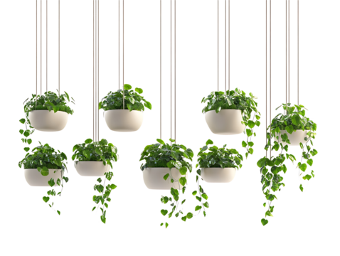 Hanging plants in white oval pots isolated on transparent background