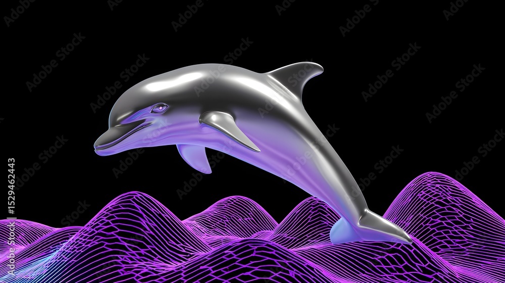 Aufkleber a image of a dolphin-like creature dynamically jumping through a vibrant, neon-colored digital sea o