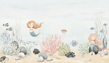 Cute mermaids on seabed with different fishes, stones and sea plants. Watercolor underwater cartoon illustration for your design childish mural, wallpaper or background, hand-drawn horizontal border.