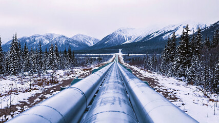 Long steel pipeline carrying gas across snowy Alaskan terrain with winter forest and mountain views in background