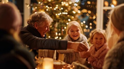 Closeup of a family gathered around a beautifully lit up Christmas tree, exchanging gifts and sharing stories in the warmth of the soft, colorful lights. - Powered by Adobe