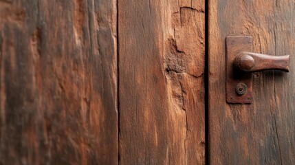 This image presents a close-up of a rustic wooden door showcasing its intricate textures, aged wood, and a classic handle, evoking feelings of nostalgia and warmth.