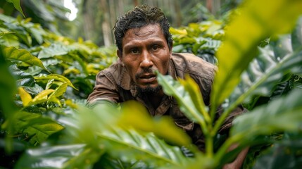 A determined man navigates through dense coffee plants, showcasing the hard work and connection to nature of coffee farming in a vibrant, lush jungle setting.