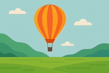 Colorful Hot Air Balloon Flying Over Green Landscape and Blue Sky
