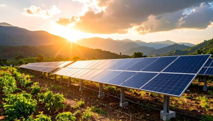 Sunset Solar Panels Mountain Landscape.