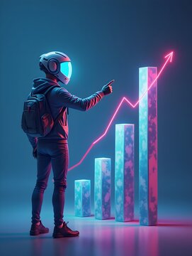 Futuristic man wearing helmet pointing at ascending bar chart in flat digital art
