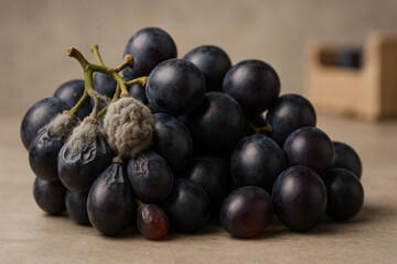 Food spoilage in grapes showing Botrytis mold growth and surface wrinkling due to fungal contamination and lack of temperature and humidity control during cold chain logistics