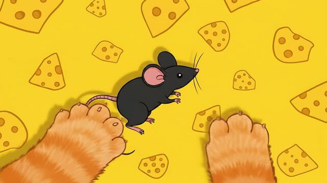 Cartoon Mouse in Cheese Field Caught by Cat Paws. Cat Games. Games for Cats.