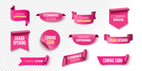 Set of coming soon and grand opening banners. Pink ribbons, tags and stickers. Vector illustration.