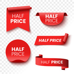 Half price sale banners. Red ribbons, tags and stickers. Vector illustration.