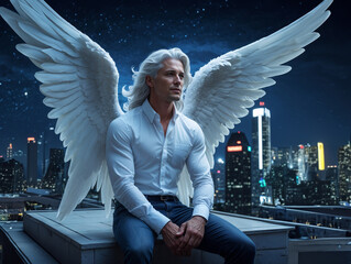 modern angel archangel with white hair and wings in jeans and white shirt sitting on roof above city