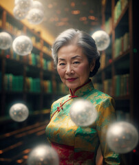 beautiful Asian mature woman in traditional oriental dress in future futuristic library, time warp concept