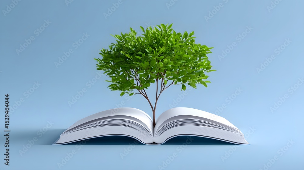 Poster a leafy tree growing directly from the pages of an open book, representing the intertwined relations